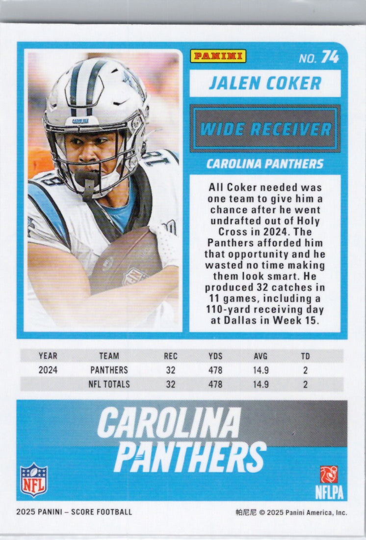 2025 Score #74 Jalen Coker Carolina Panthers