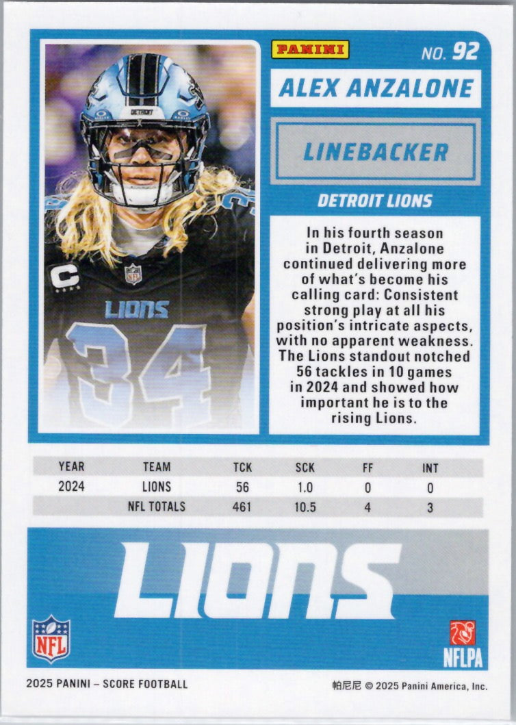 2025 Score #92 Alex Anzalone Detroit Lions