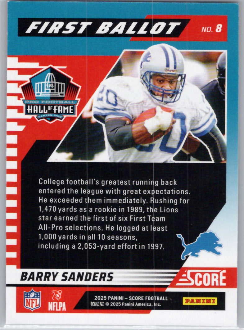 2025 Score #8 Barry Sanders First Ballot Detroit Lions