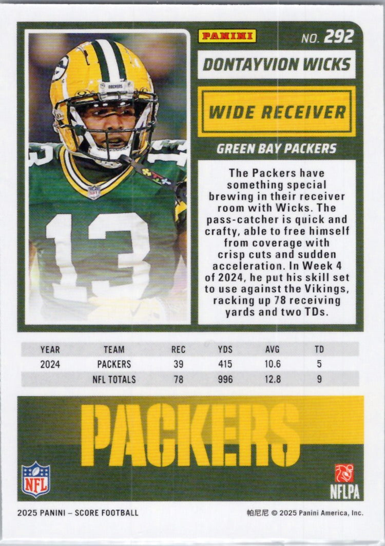 2025 Score #292 Dontayvion Wicks Green Bay Packers