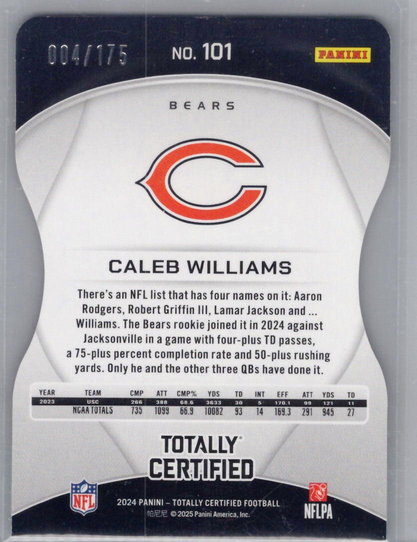 2024 Panini Totally Certified #101 Caleb Williams Platinum Red Die Cut #4/175