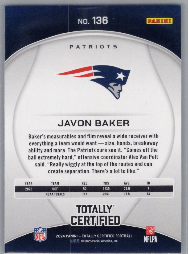 2024 Panini Totally Certified #136 Javon Baker New England Patriots
