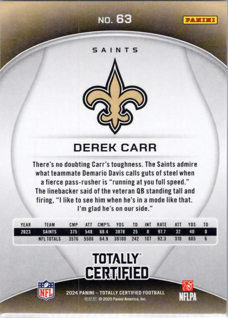 2024 Panini Totally Certified #63 Derek Carr New Orleans Saints