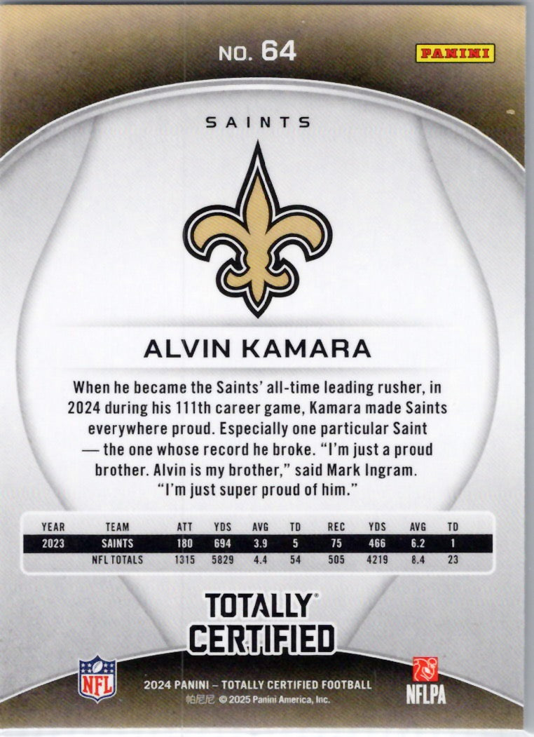 2024 Panini Totally Certified #64 Alvin Kamara New Orleans Saints