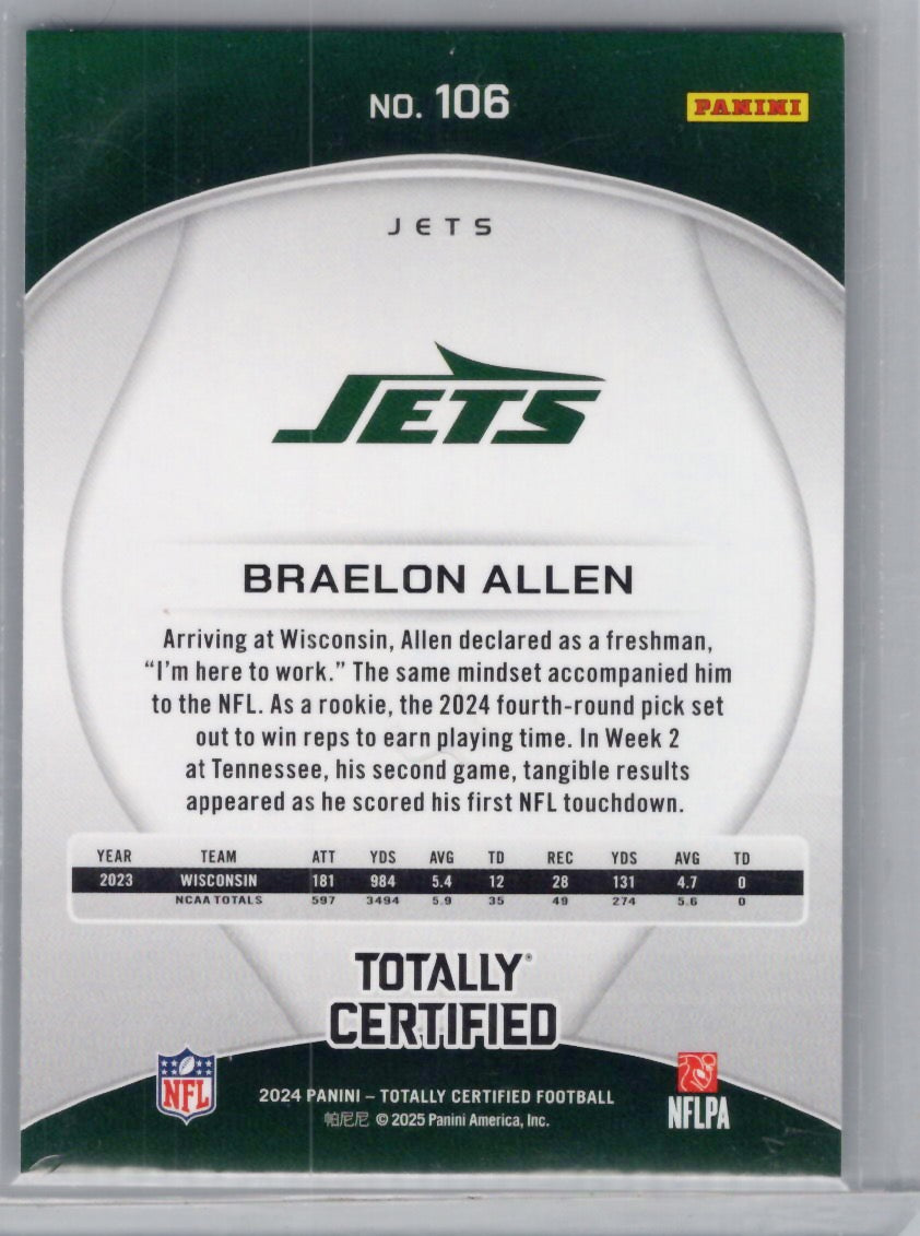2024 Panini Totally Certified #106 Braelon Allen New York Jets