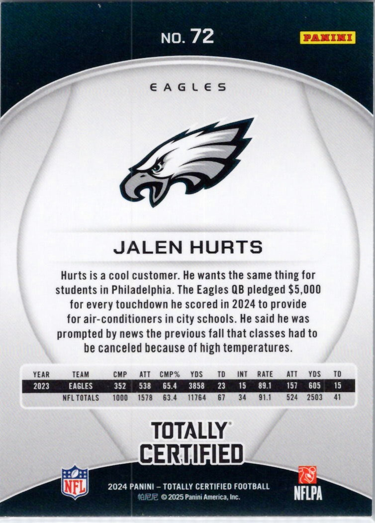 2024 Panini Totally Certified #72 Jalen Hurts Philadelphia Eagles