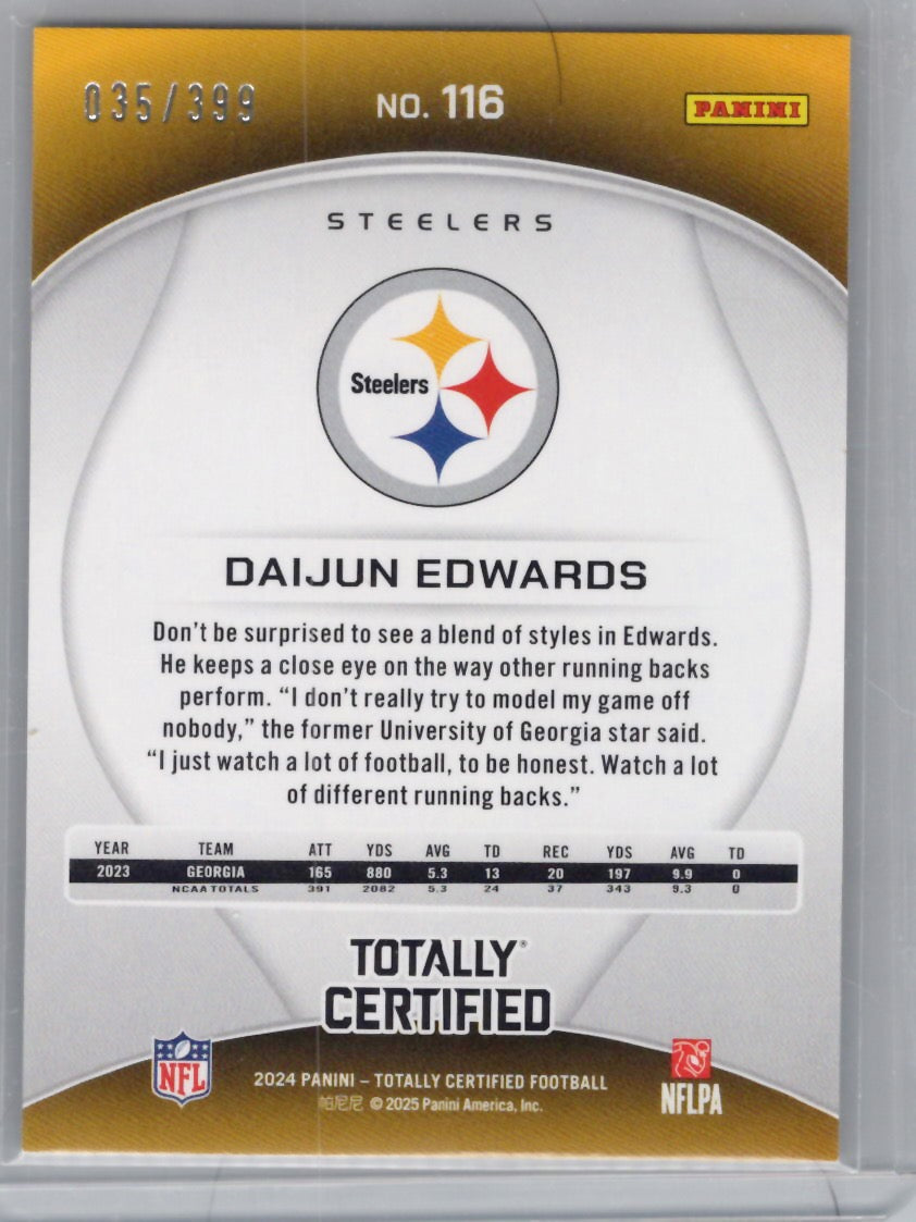 2024 Panini Totally Certified #116 Daijun Edwards Mirror Neon Orange #/399 Pittsburgh Steelers