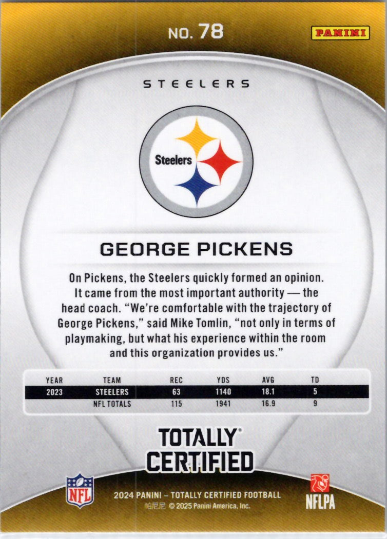 2024 Panini Totally Certified #78 George Pickens Pittsburgh Steelers