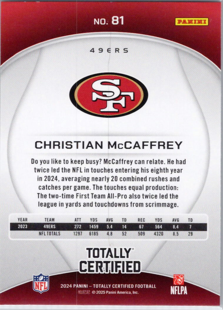 2024 Panini Totally Certified #81 Christian McCaffrey San Francisco 49ers