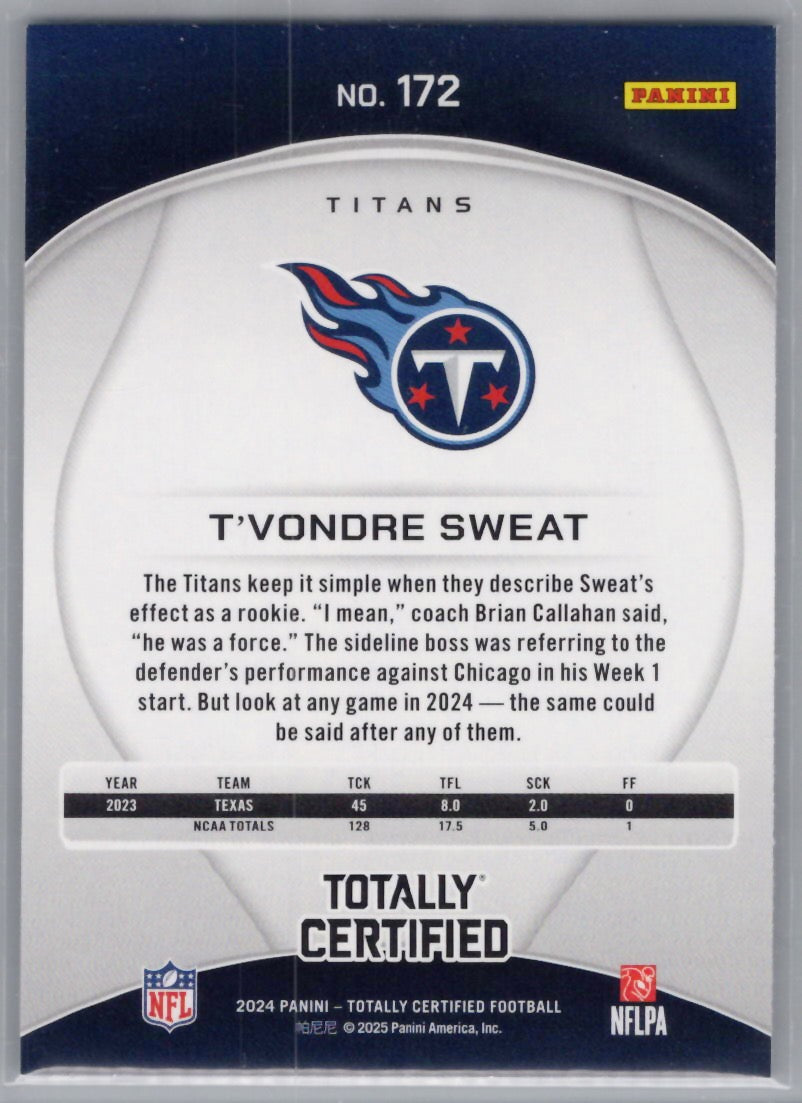 2024 Panini Totally Certified #172 T'Vondre Sweat Tennessee Titans