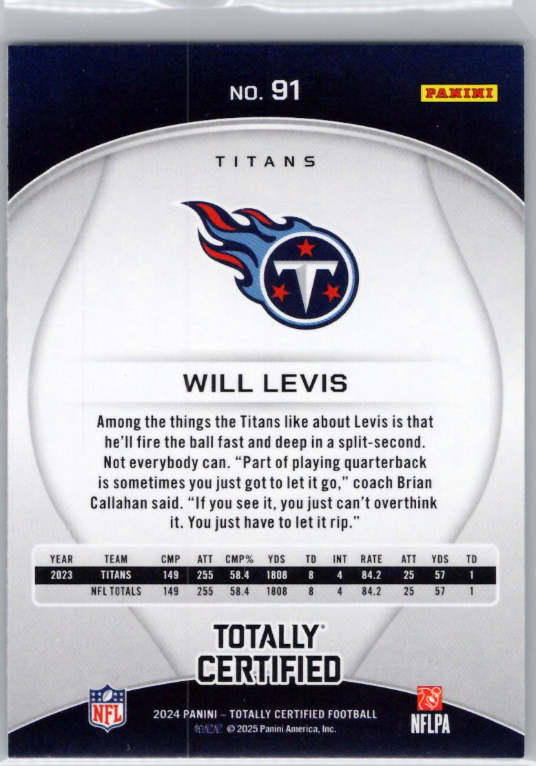 2024 Panini Totally Certified #91 Will Levis Tennessee Titans