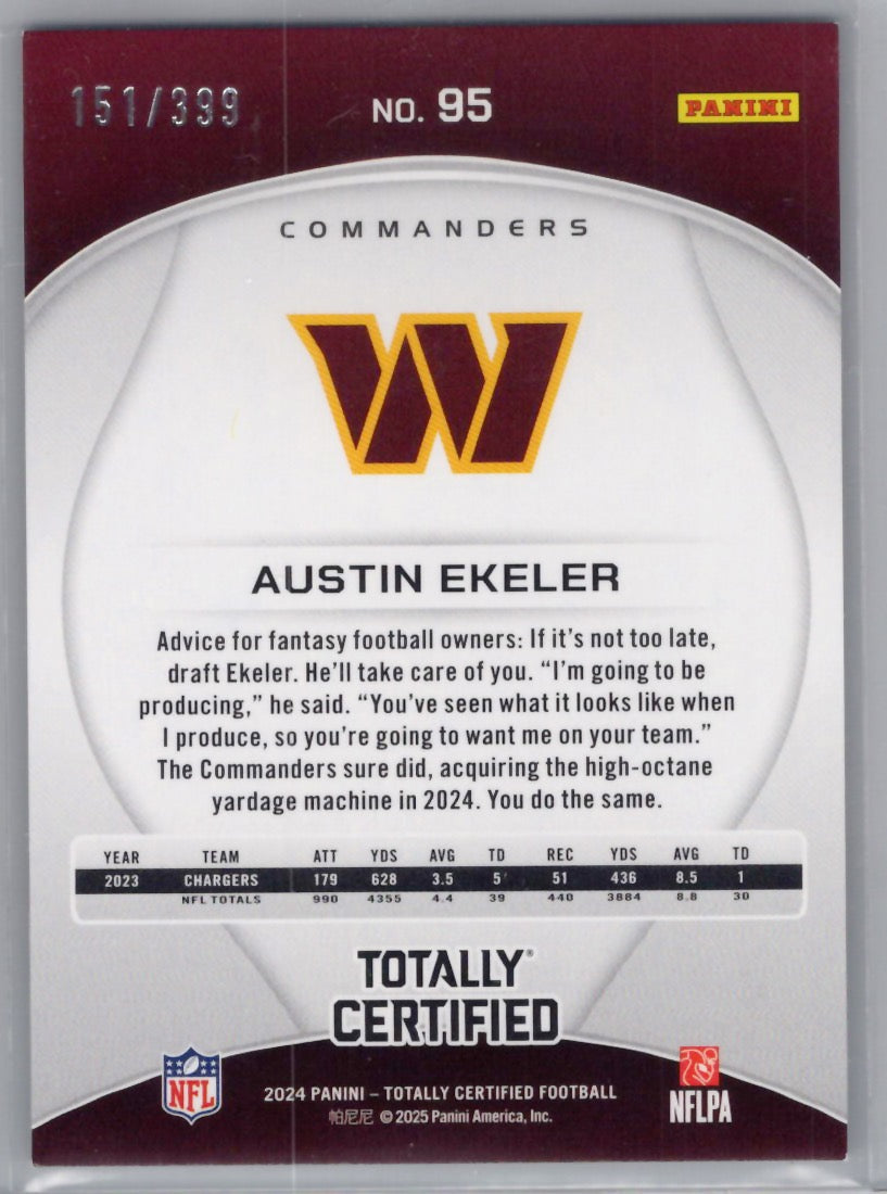 2024 Panini Totally Certified #95 Austin Ekeler Mirror Neon Orange #/399 Washington Commanders