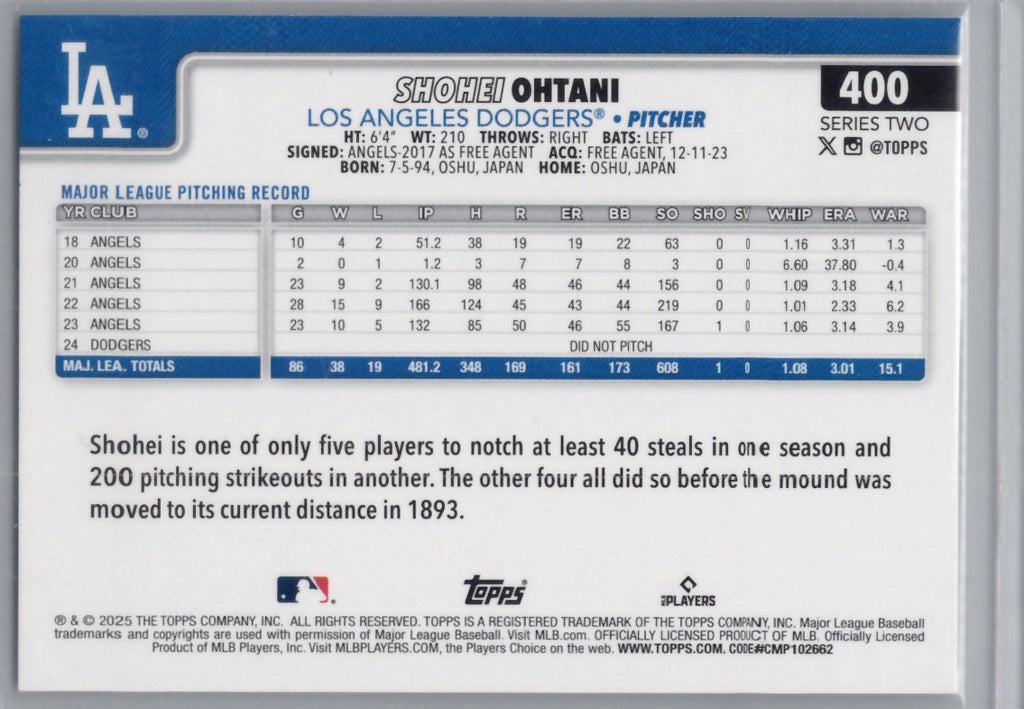 2025 Topps #400 Shohei Ohtani Los Angeles Dodgers