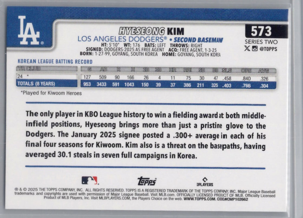 2025 Topps #573 Hyeseong Kim Los Angeles Dodgers
