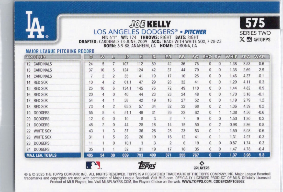 2025 Topps #575 Joe Kelly Los Angeles Dodgers