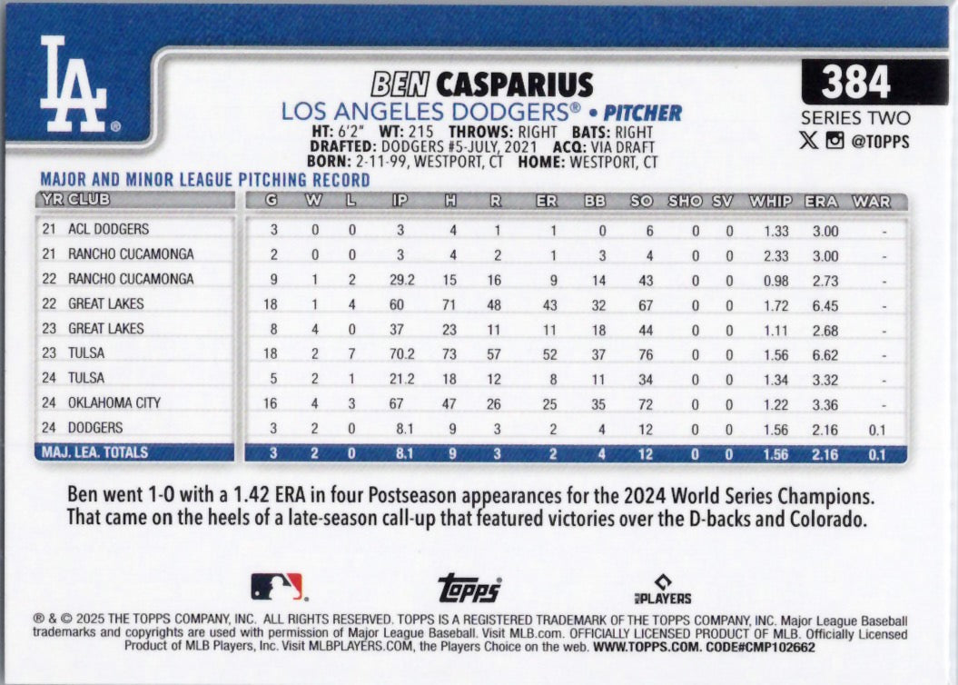 2025 Topps #384 Ben Casparius Los Angeles Dodgers