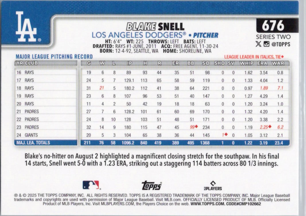 2025 Topps #676 Blake Snell Los Angeles Dodgers