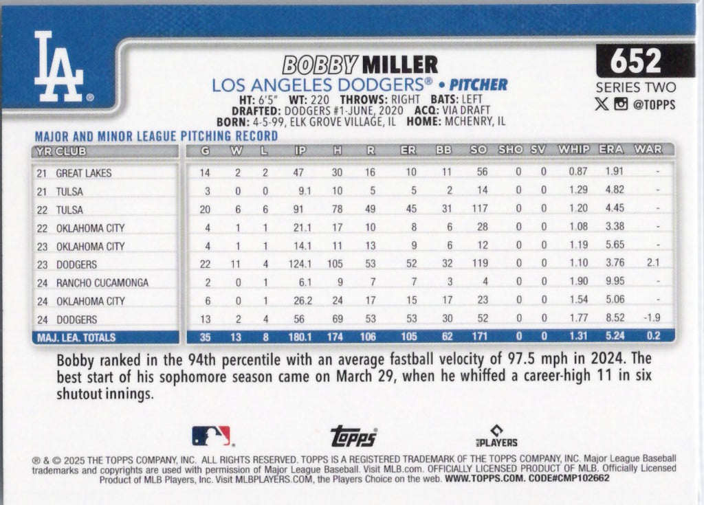 2025 Topps #652 Bobby Miller Los Angeles Dodgers