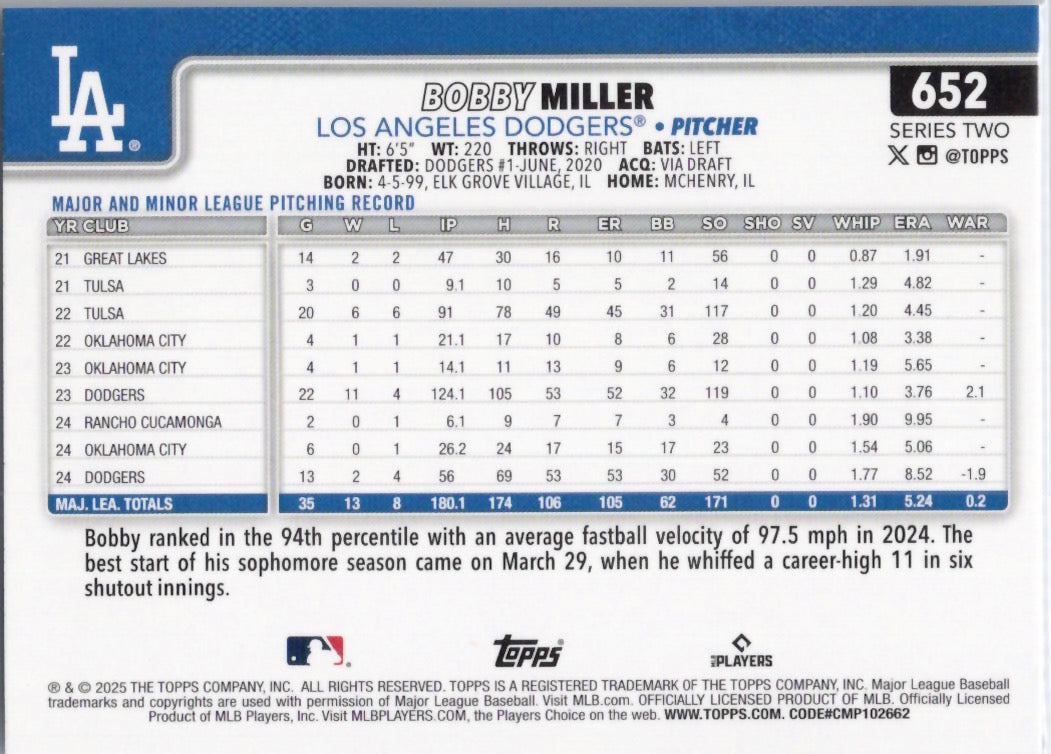 2025 Topps #652 Bobby Miller Los Angeles Dodgers