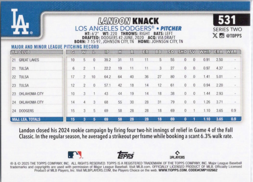 2025 Topps #531 Landon Knack Los Angeles Dodgers