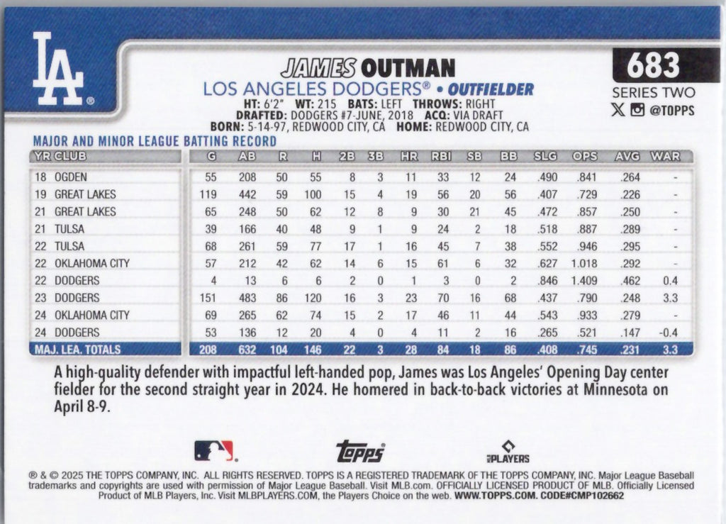 2025 Topps #683 James Outman Los Angeles Dodgers
