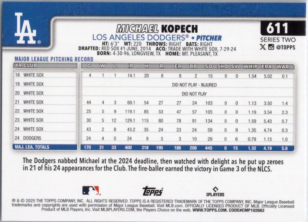 2025 Topps #611 Michael Kopech Los Angeles Dodgers