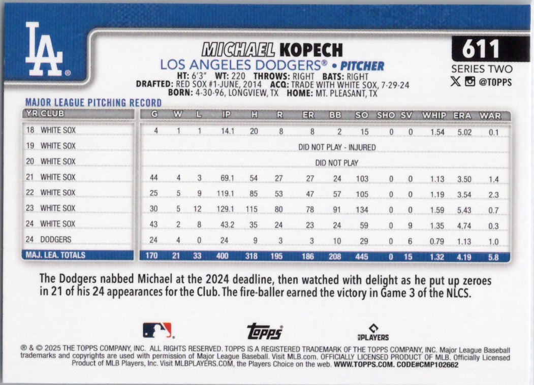2025 Topps #611 Michael Kopech Los Angeles Dodgers