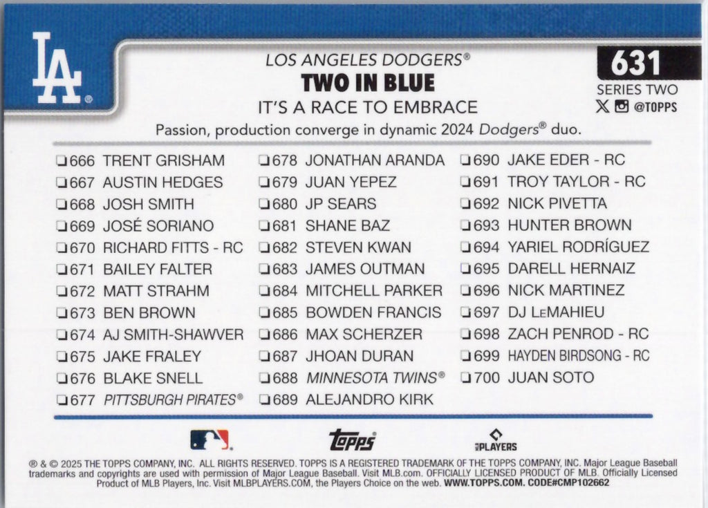 2025 Topps #631 Two in Blue: It’s a Race to Embrace Los Angeles Dodgers