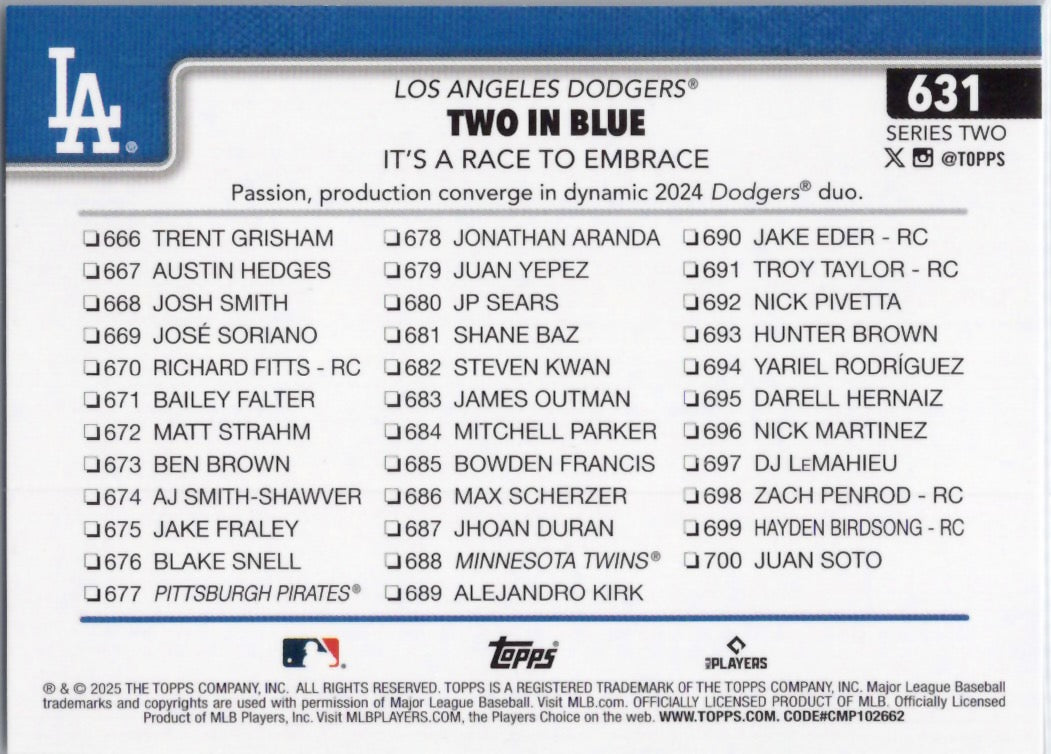 2025 Topps #631 Two in Blue: It’s a Race to Embrace Los Angeles Dodgers