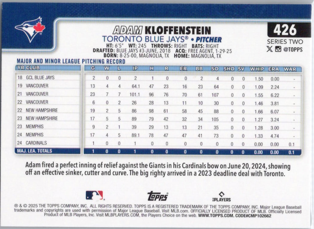 2025 Topps #426 Adam Kloffenstein Toronto Blue Jays