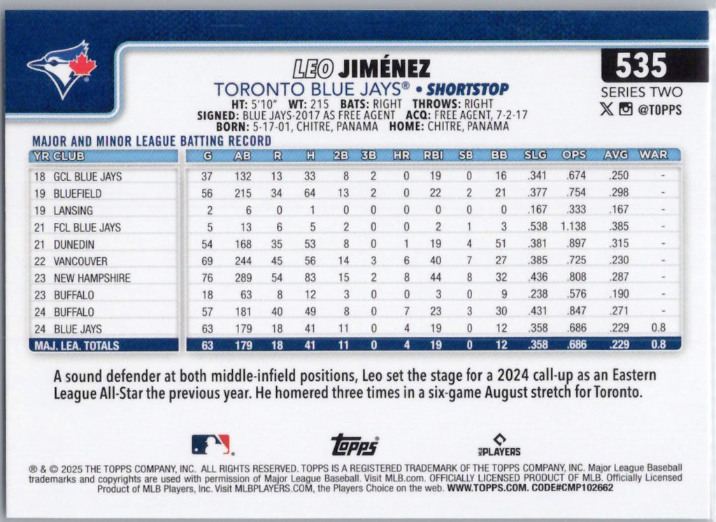2025 Topps #535 Leo Jiménez Toronto Blue Jays
