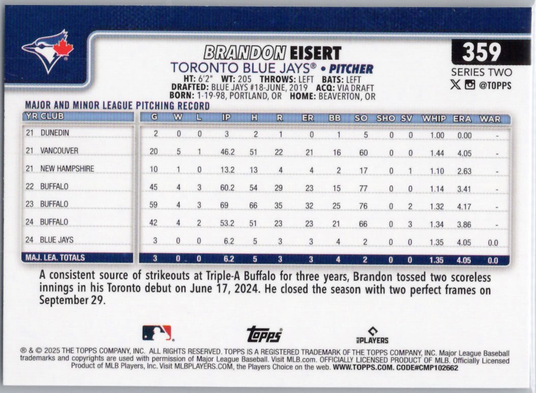 2025 Topps #359 Brandon Eisert Toronto Blue Jays