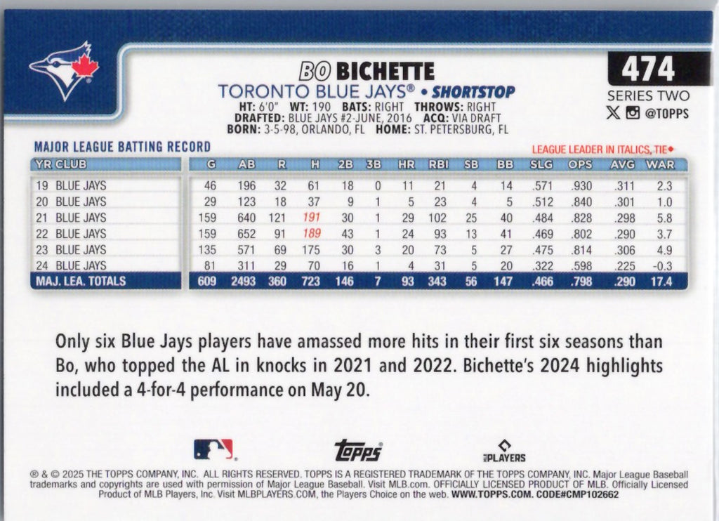 2025 Topps #474 Bo Bichette Toronto Blue Jays