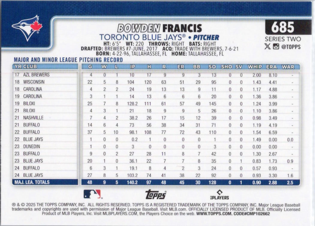 2025 Topps #685 Bowden Francis Toronto Blue Jays