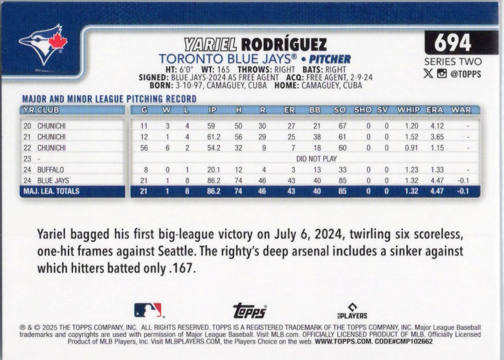 2025 Topps #694 Yariel Rodríguez Toronto Blue Jays