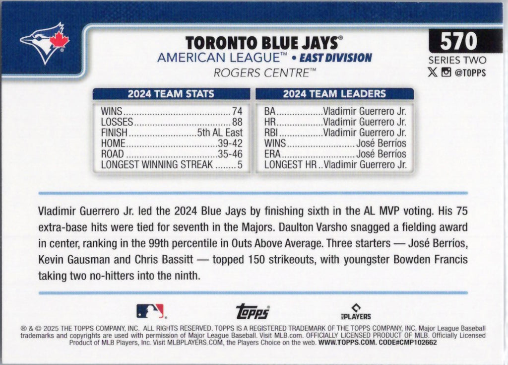 2025 Topps #570 Toronto Blue Jays Toronto Blue Jays