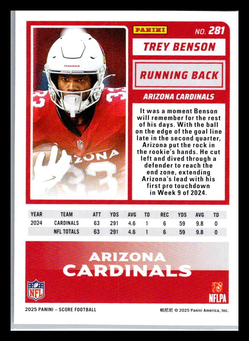 2025 Score #281 Trey Benson Arizona Cardinals