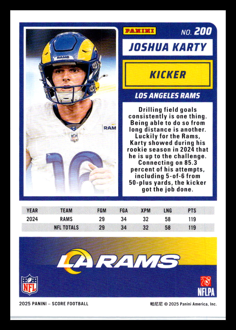 2025 Score #200 Joshua Karty Los Angeles Rams