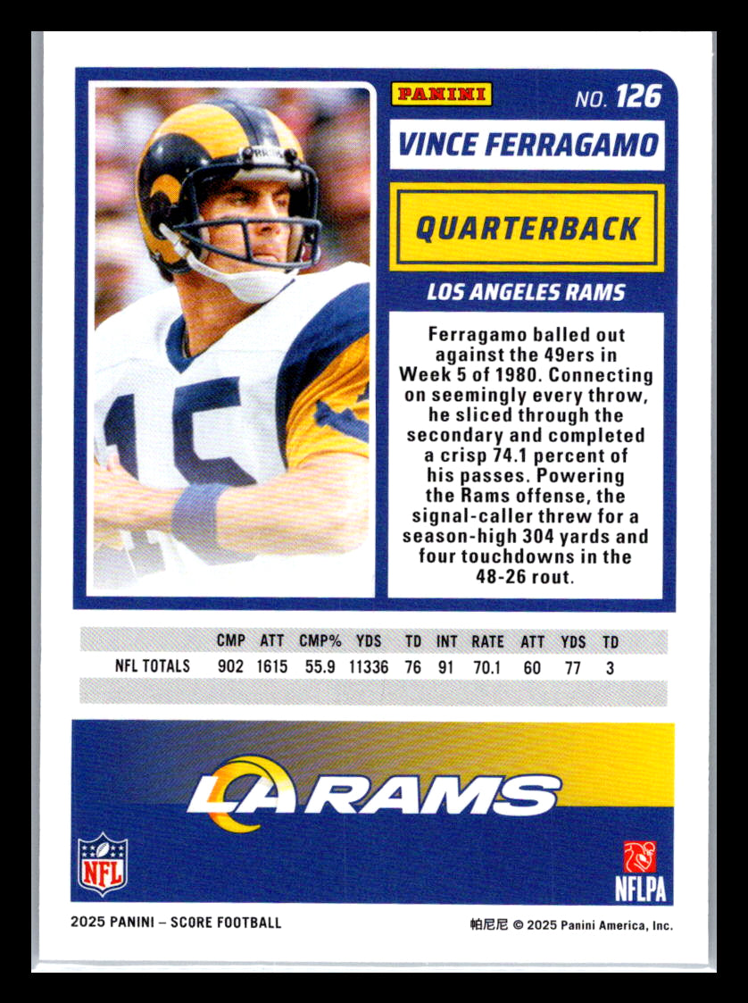 2025 Score #126 Vince Ferragamo Los Angeles Rams