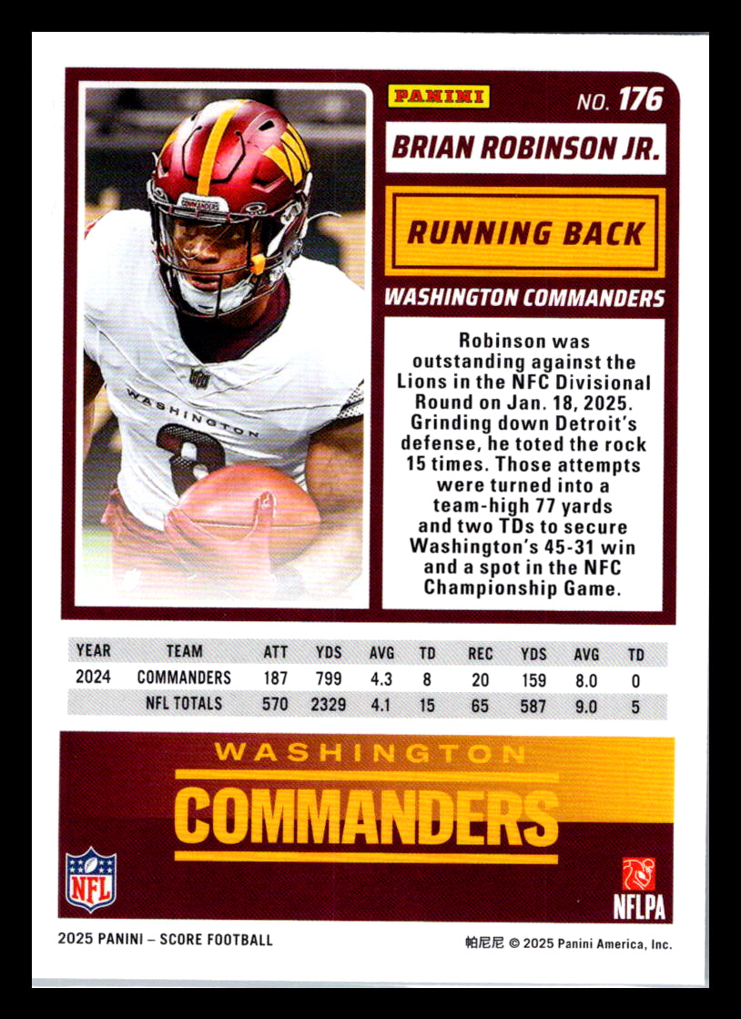 2025 Score #176 Brian Robinson Jr. Washington Commanders