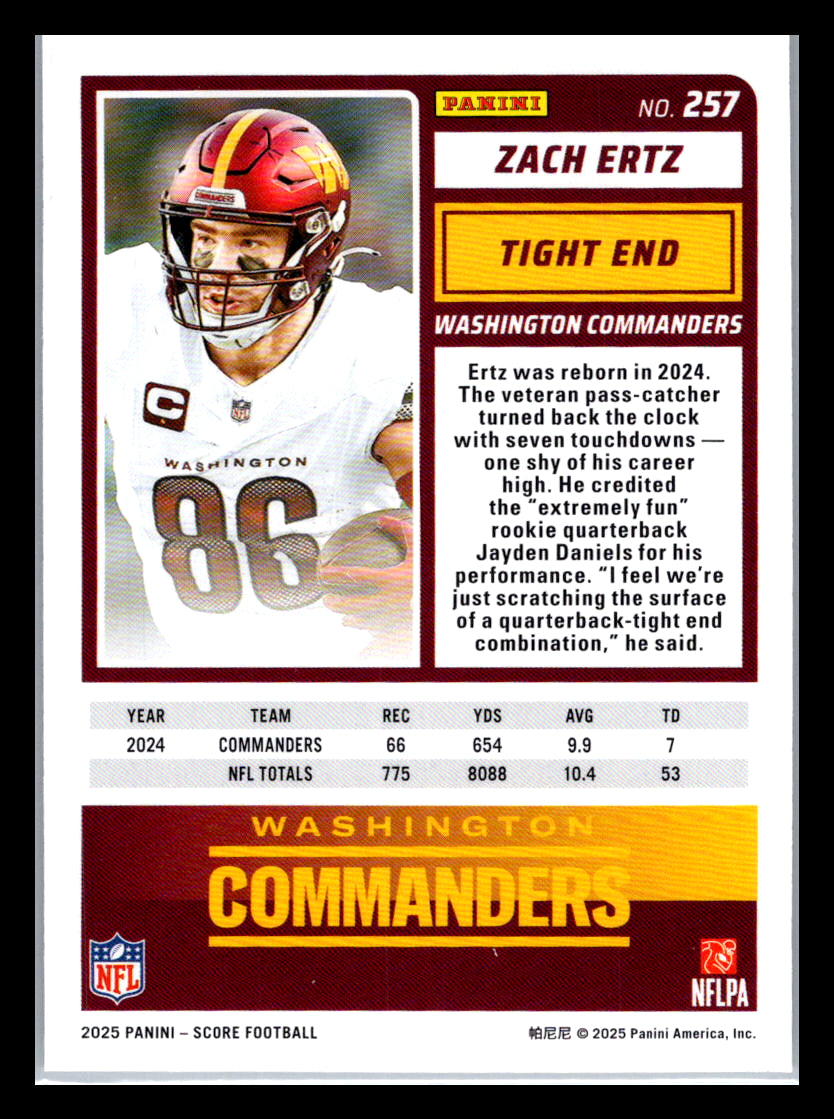 2025 Score #257 Zach Ertz Washington Commanders