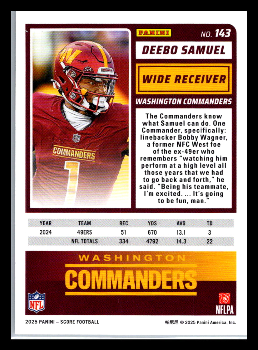 2025 Score #143 Deebo Samuel Washington Commanders