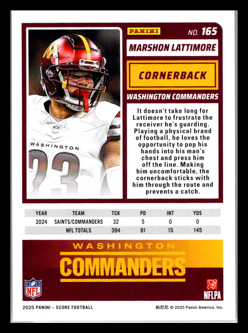 2025 Score #165 Marshon Lattimore Washington Commanders