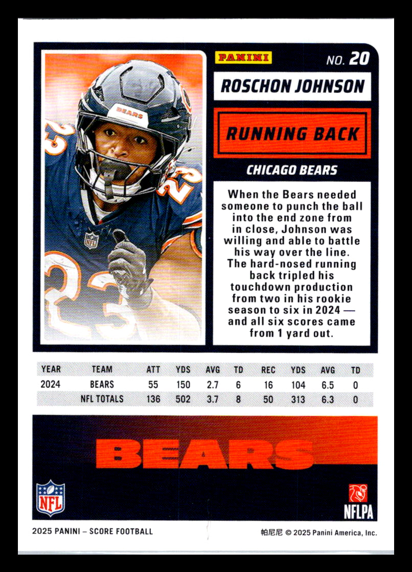 2025 Score #20 Roschon Johnson Chicago Bears