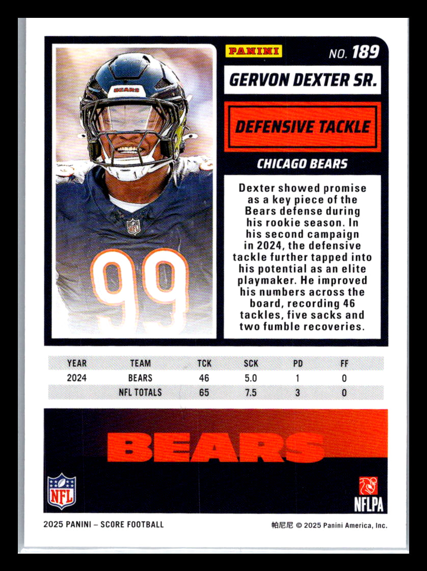 2025 Score #189 Gervon Dexter Sr. Chicago Bears