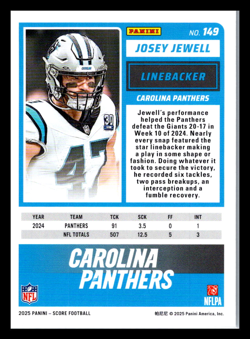 2025 Score #149 Josey Jewell Carolina Panthers