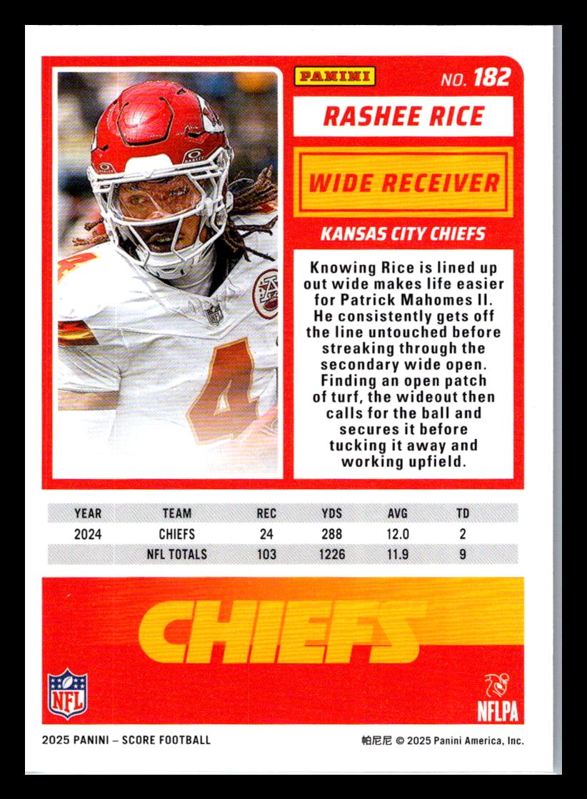 2025 Score #182 Rashee Rice Kansas City Chiefs