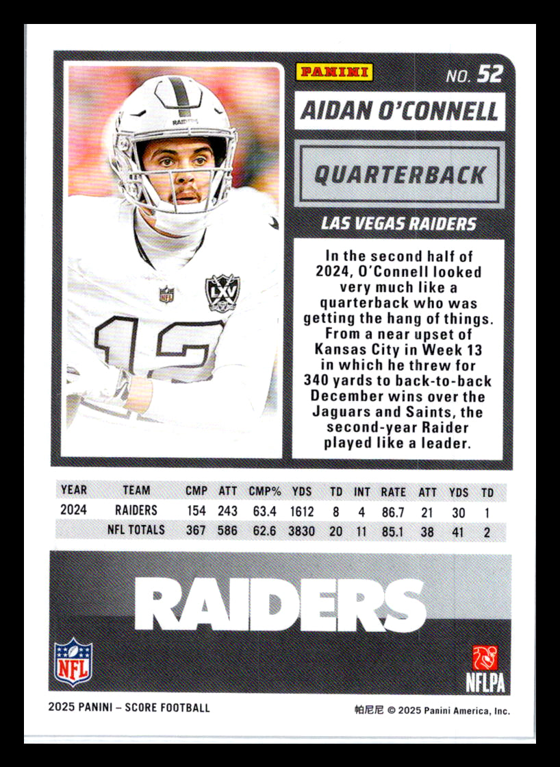 2025 Score #52 Aidan O'Connell Las Vegas Raiders
