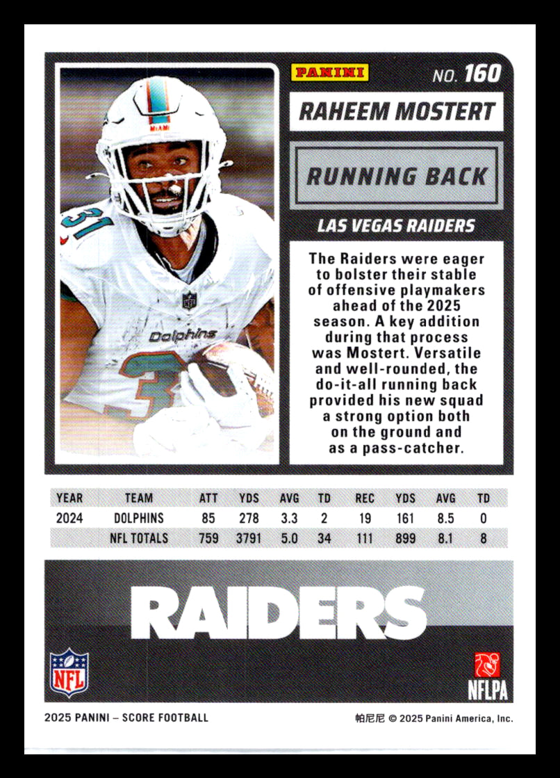 2025 Score #160 Raheem Mostert Las Vegas Raiders
