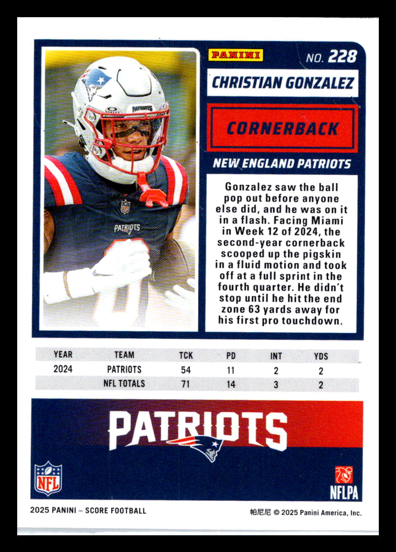 2025 Score #228 Christian Gonzalez New England Patriots